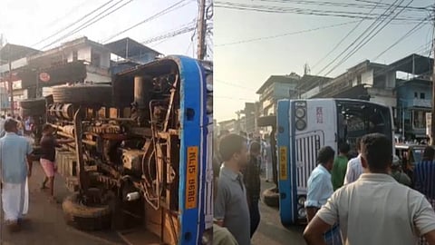 ബസുകളുടെ മത്സരയോട്ടം; കെഎസ്ആര്ടിസി ബസ് നിയന്ത്രണം തെറ്റി മറിഞ്ഞു