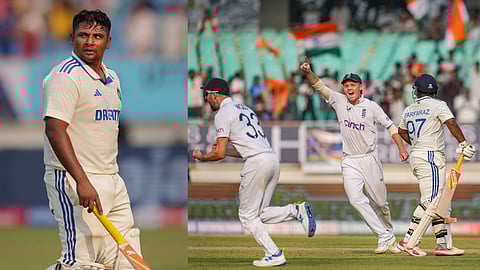 ഔട്ടായി മടങ്ങുന്ന സര്ഫറാസ്, റണ്ണൗട്ട് ആഘോഷിക്കുന്ന ഇംഗ്ലണ്ട് താരങ്ങള്