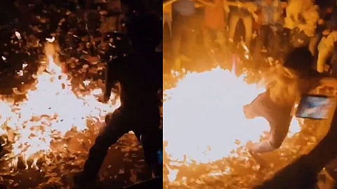 തിയറ്ററിനുള്ളില് തീ കത്തിച്ച് ആഘോഷിച്ച് ആരാധകര്