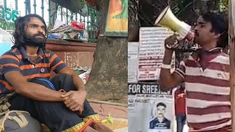 സെക്രട്ടേറിയറ്റിന് മുന്നില് സമരം ചെയ്ത ശ്രീജിത്ത് (ഫയല്), മെഗാ ഫോണില് അസഭ്യ വര്ഷം നടത്തുന്നു(ഇന്ന്)