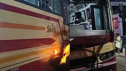 എടപ്പാൾ മേൽപ്പാലത്തിൽ അപകടത്തിൽപ്പെട്ട കെഎസ്ആർടിസി ബസ്