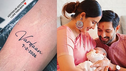 വിക്രാന്ത് മാസി മകന്റെ പേര് കയ്യില് പച്ചകുത്തിയപ്പോള്, വിക്രാന്തും ഭാര്യയും മകനൊപ്പം