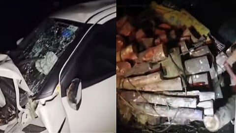 Accident at Thamarassery Pass; The lorry loaded with timber overturned, the car hit the wall, traffic control