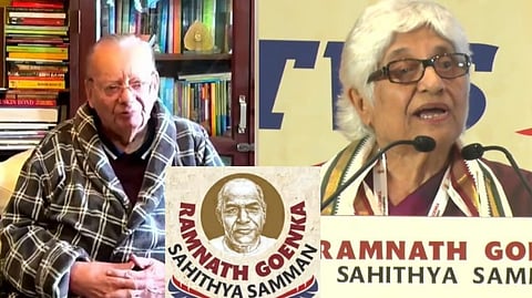 Ruskin Bond and Neerja Chowdhury - two of the winners of the Ramnath Goenka Sahithya Samman