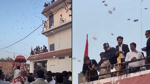 കല്യാണ ഘോഷയാത്രക്കിടെ നോട്ടുകെട്ടുകള് വാരിയെറിയുന്നു