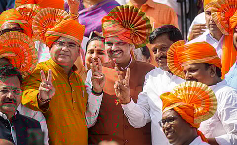 Devendra Fadnavis with elected BJP MLAs after the BJP legislature meeting,
