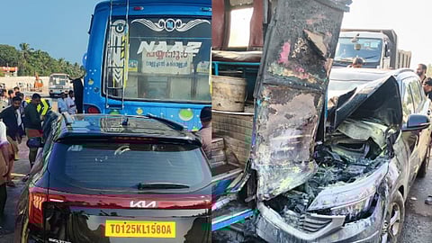 wedding party crashed into the back of a bus and caught fire.