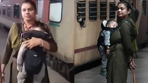റെയില്വേ പ്രൊട്ടക്ഷന് സ്പെഷ്യല് ഫോഴ്സ് കോണ്സ്റ്റബിളായ റീന എന്ന ഉദ്യോഗസ്ഥയാണ് റെയില്വേ സ്റ്റേഷനില് കുഞ്ഞിനെയും എടുത്ത് തിരക്ക് നിയന്ത്രിക്കുന്നത്