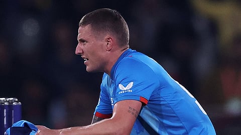 Brydon Carse during the match against Australia in Champions Trophy 2025