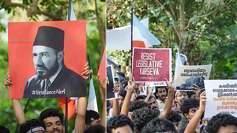 പ്രതിഷേധത്തില് ഉയര്ത്തിക്കാട്ടിയ ഹസനുല് ബന്നയുടെ ചിത്രം