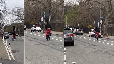 ride a bicycle with a refrigerator on your head,video