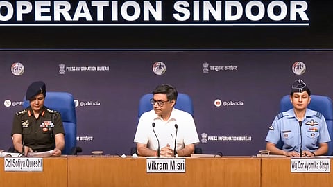 Foreign Secretary Vikram Misri (C), Col. Sofiya Qureshi (L) and Wg Cdr Vyomika Singh (R) address the media