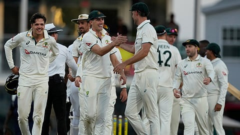 Australia team celebrates Test victory