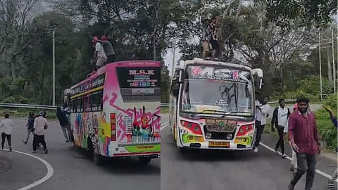 dangerous journey of young people from top of the bus and hanging the door