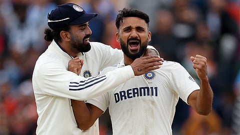 Akash Deep celebrates wicket with KL Rahul