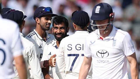 Bumrah celebrates Brook's wicket with teammates