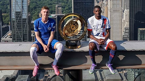 Cole Palmer  and Ousmane Dembélé joined the Club World Cup trophy at the Top of the Rock at Rockefeller Center