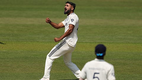 Akash Deep celebrates after taking the wicket of Harry Brooke