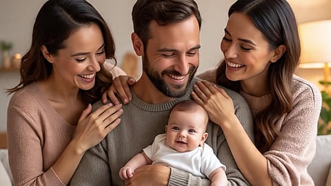 father and mothers holding child