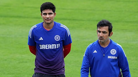 India's captain Shubman Gill and Coach Gautam Gambhir during a practice session ahead of the fourth test cricket match between India and England