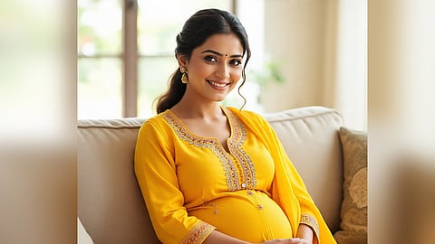 pregnant woman sitting in a counch