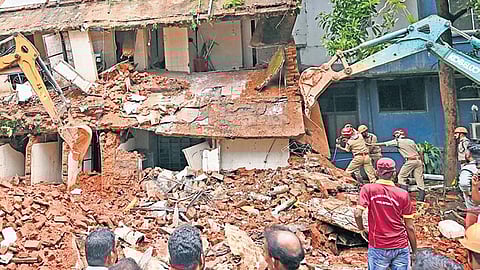 Rescue operations under way after a portion of a building at Kottayam Medical College Hospital collapsed