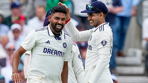 Mohammed Siraj with captain Shubman Gill celebrates after taking the wicket of England's Jacob Bethell