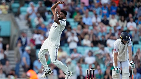 India's bowler Mohammed Siraj celebrates the wicket of England's batter Zak Crawley