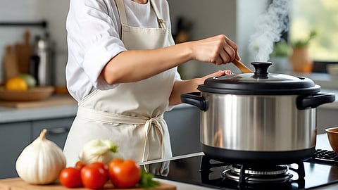 woman cooking in a pressure cooker