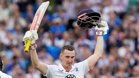 Harry Brook celebrates his century