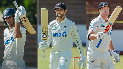 Rachin Ravindra, Devon Conway and Henry Nicholls celebrate their century