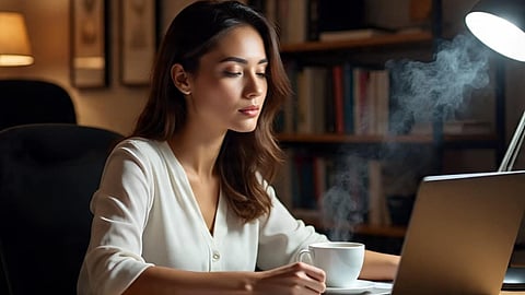 woman drinking coffee at night
