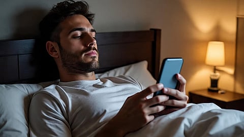 man using mobile phone in bed at night
