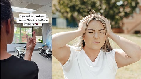 woman showing little finger test and woman holds hand on head