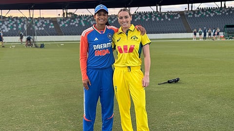Indian captain Radha Yadav and Australian captain Tahlia McGrath after the toss