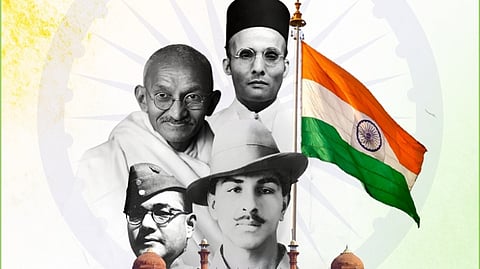 Independence Day poster from the Ministry of Petroleum shows Savarkar's image positioned above Mahatma Gandhi's