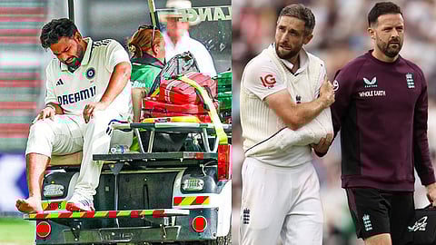 Rishabh Pant and Chris Woakes leave the field injured