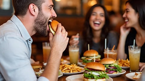 Man eating Burger with his friends