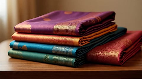 folded Silk Sarees on a wooded table