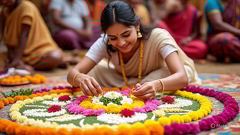 women in front of pookalam during onam celebration