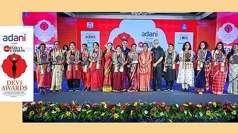 Devi awardees seen alongside Odisha Legislative Assembly Speaker Surama Padhy, TNIE CEO Lakshmi Menon, TNIE editorial director Prabhu Chawla and resident editor of TNIE, Odisha, Siba Mohanty