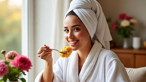 Woman eating breakfast