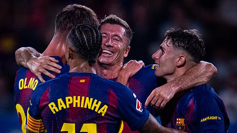 Barcelona players celebrate victory