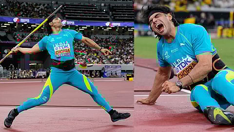 India's Neeraj Chopra reacts in the men's javelin throw final at the World Athletics Championships