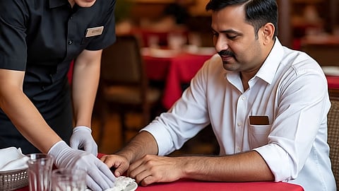man helping waiter in a resturant to clean table
