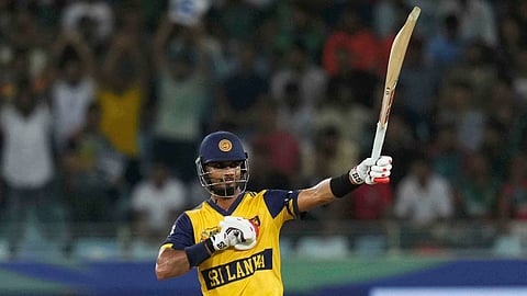 Sri Lanka's Dasun Shanaka celebrates after scoring fifty