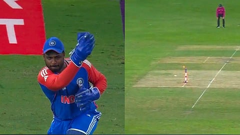 Sanju's throw hits the stumps