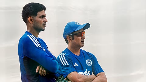 India's captain Shubman Gill, left, and head coach Gautam Gambhir during a practice session