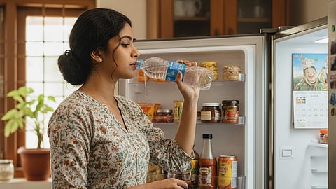 woman drinking water from fridge