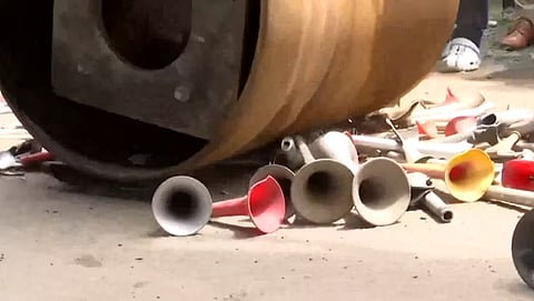 MVD has issued a notice to the road roller that was used to crush seized air horns in Kochi.